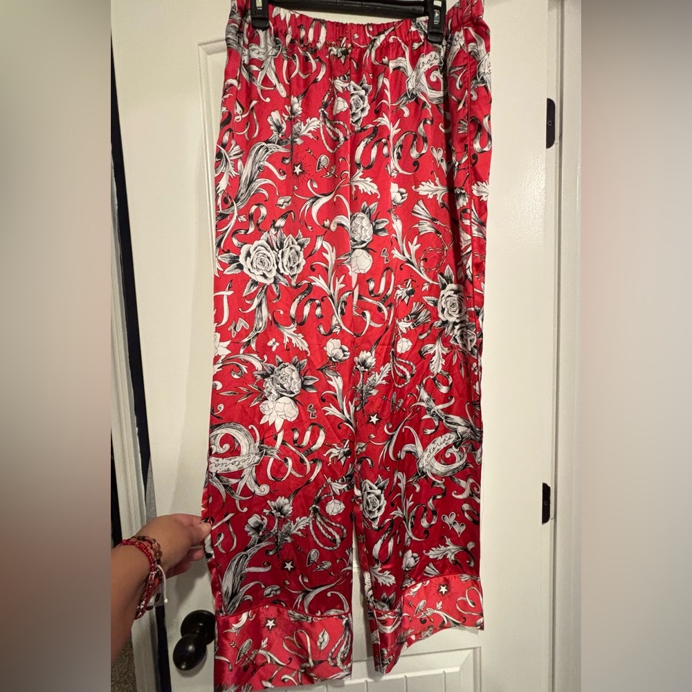 Victoria's Secret Satin PJ Pants, Red Floral-Hearts-Ribbons- Valentine Pattern L